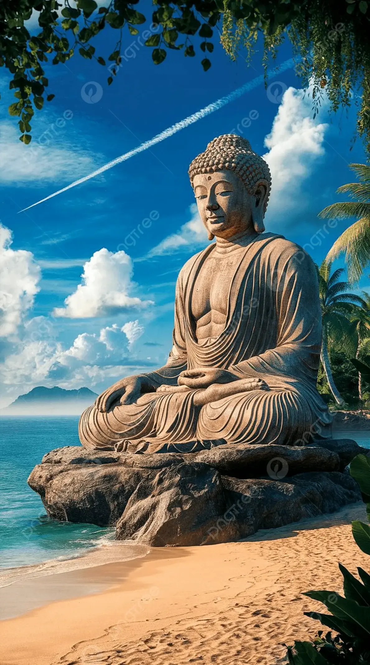 A Di Đà thiền định trên biển, nơi sự tĩnh lặng gặp gỡ sóng nước mênh mông vô tận.