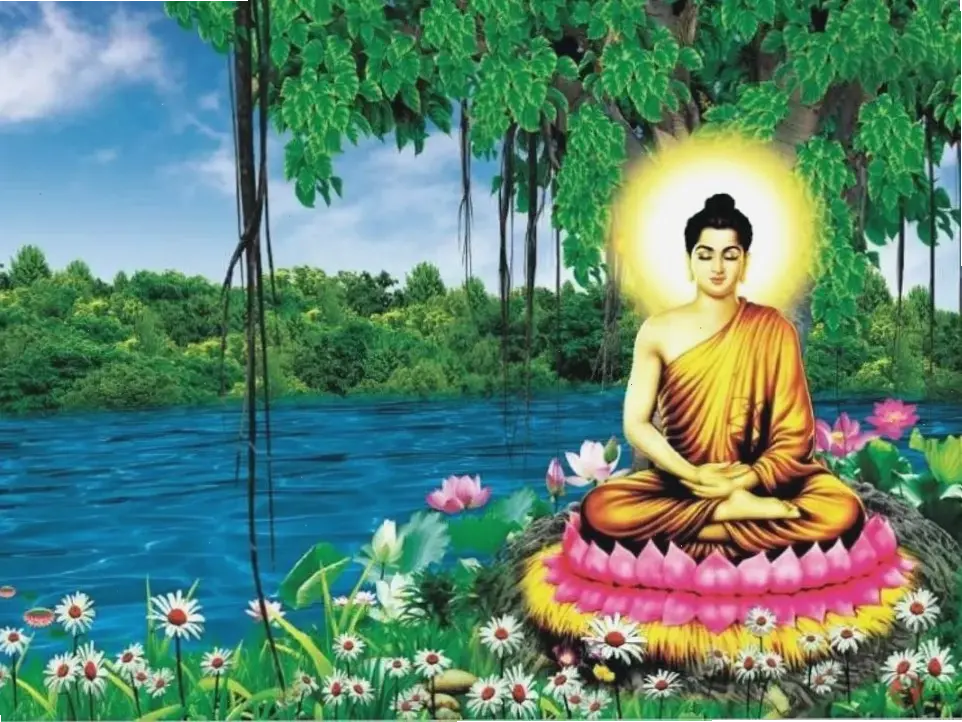 Ảnh Phật Thích Ca tại chùa vườn, không gian thiêng liêng đầy năng lượng tích cực.