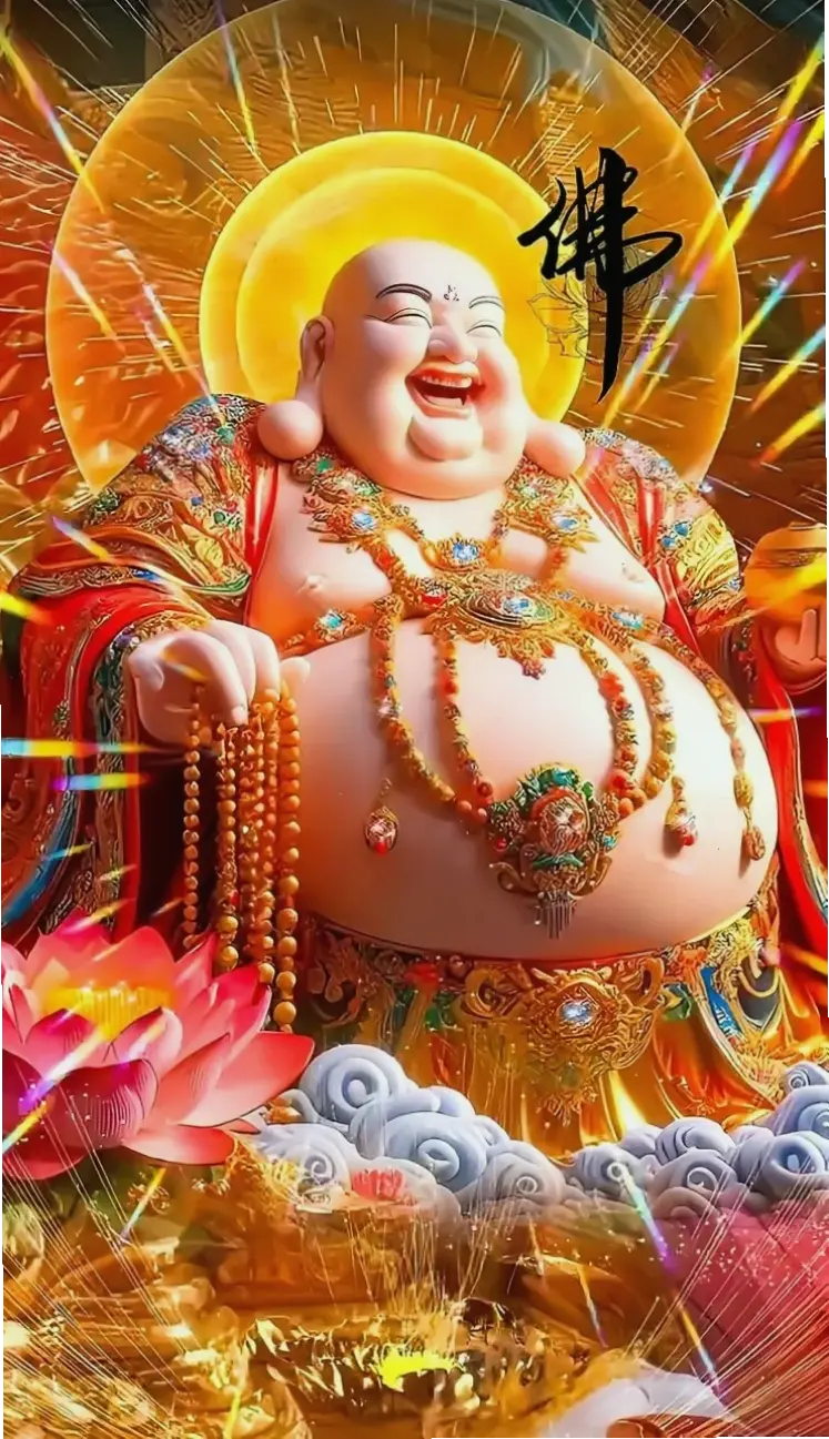 Di Lặc hạnh phúc cầm quạt, mang đến sự ấm áp và nụ cười rạng rỡ trong cuộc sống hàng ngày.