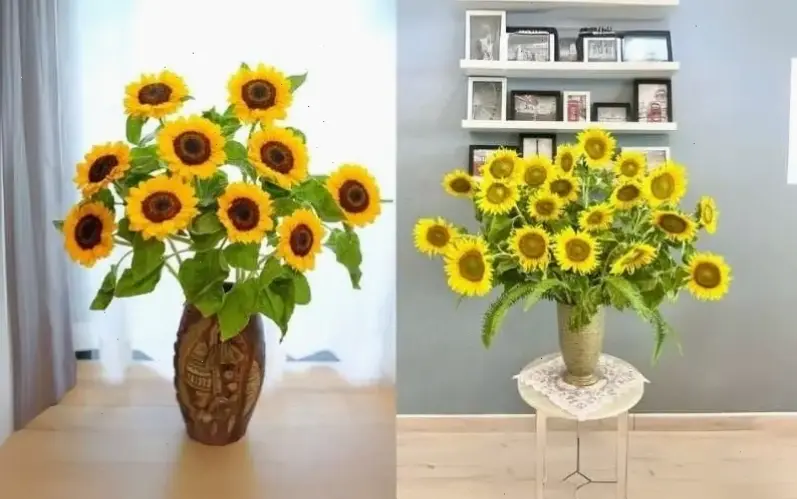 Hình ảnh hoa hướng dương vàng cắm bình mang nắng hè ấm áp vào không gian sống của bạn.