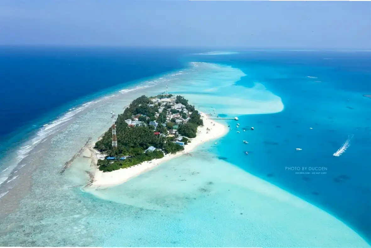 Hình nền đảo Maldives xinh đẹp, tái hiện thiên đường nhiệt đới với cát trắng và nước trong.