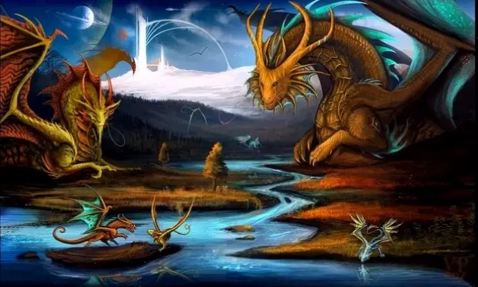 Hình nền rồng vàng 3D lộng lẫy, tượng trưng cho sự giàu có và quyền lực huyền thoại.