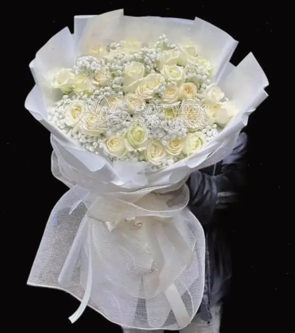 Hoa hồng trắng tinh khôi, tượng trưng cho sự trong sạch và lòng biết ơn, lý tưởng cho ngày 8/3 ý nghĩa.