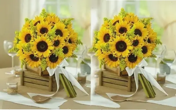 Hoa hướng dương cắm bình trang trí, tạo không gian chúc mừng đầy màu sắc và tươi mới.