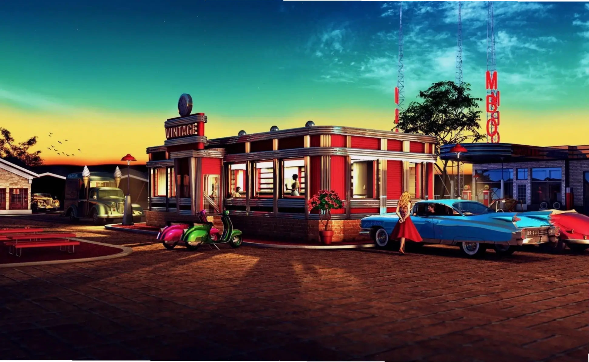 Nghệ thuật retro độc đáo, truyền cảm hứng từ quá khứ với phong cách sáng tạo và màu sắc ấn tượng.