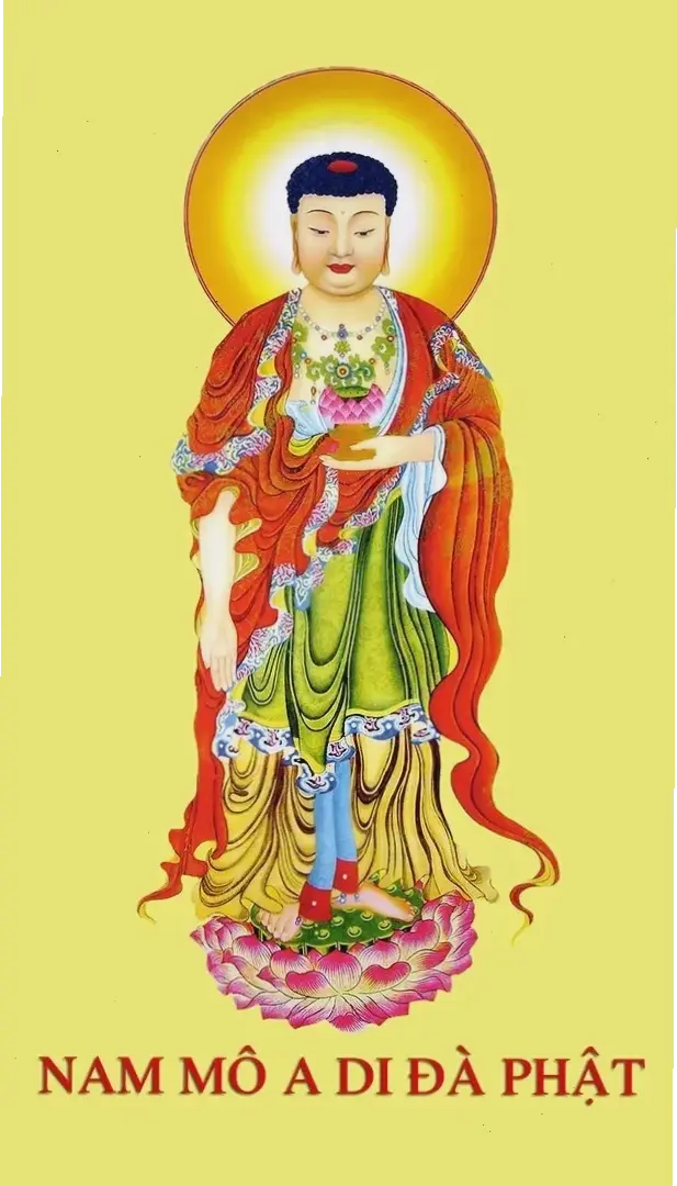 Tranh A Di Đà trong vườn đẹp mê hồn, kết hợp nghệ thuật tinh tế và tinh thần Phật giáo truyền thống.