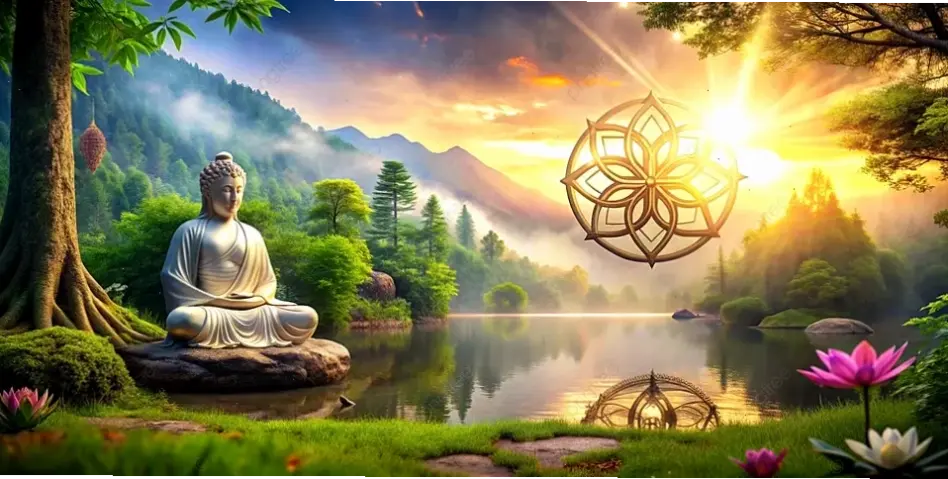 Tranh Phật Thích Ca trên nền biển xanh, nghệ thuật kết hợp tâm linh và vẻ đẹp huyền ảo.