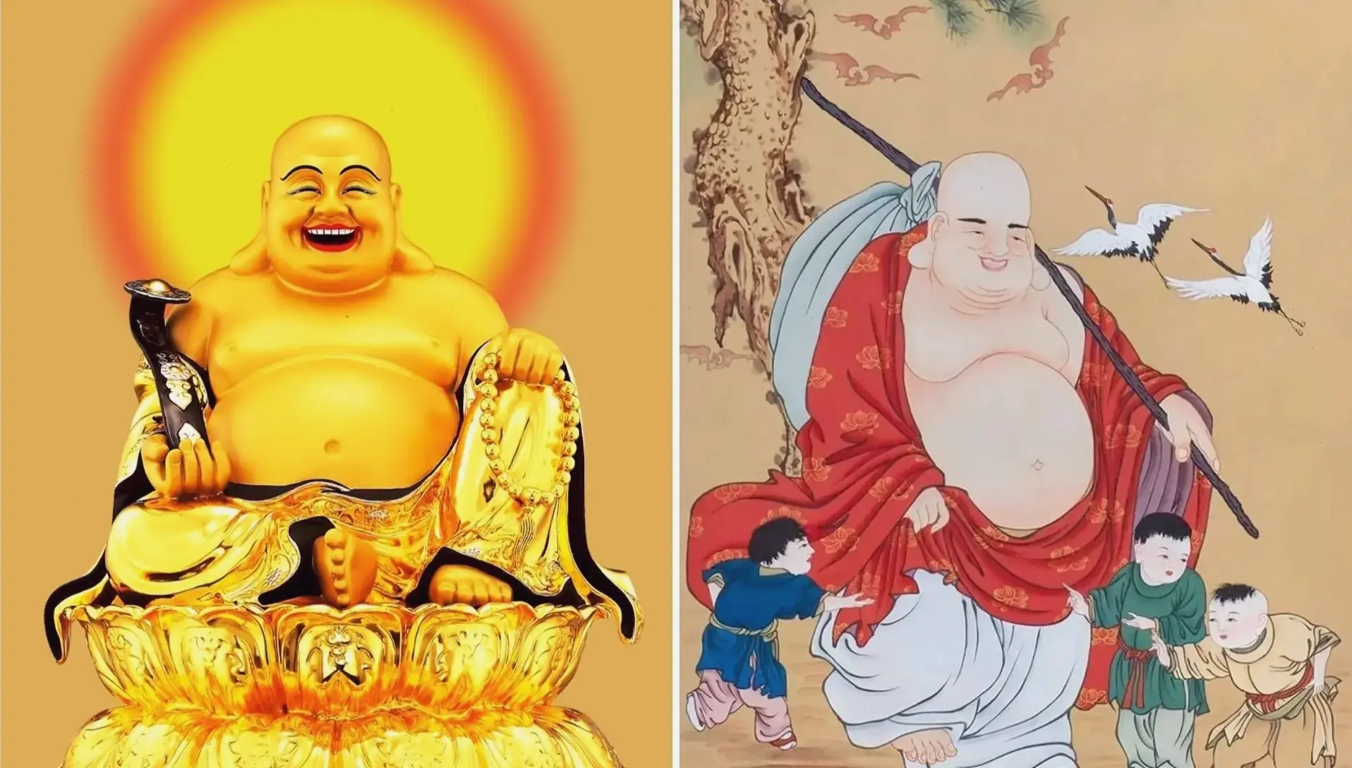 Tượng Di Lặc ánh sáng rực rỡ, biểu tượng may mắn và hạnh phúc, tô điểm cho ngôi nhà hiện đại.