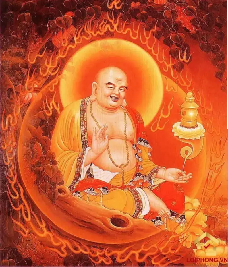 Tượng Di Lặc uy nghi trên đài sen, biểu tượng phong thủy mang lại may mắn và hạnh phúc.