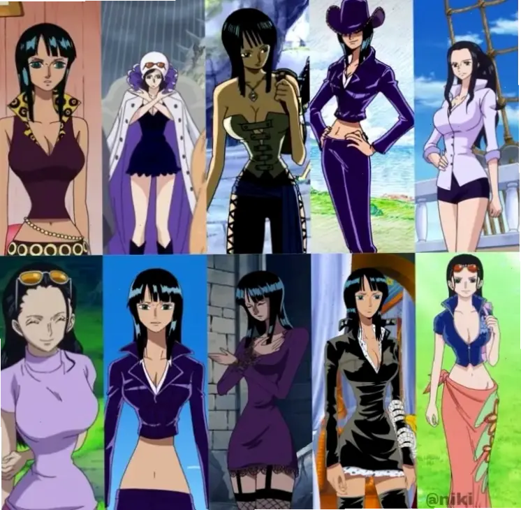 Các outfits của Nico Robin trong One Piece đa dạng, từ Dressrosa đến Egghead, thể hiện sự tinh tế và mạnh mẽ.