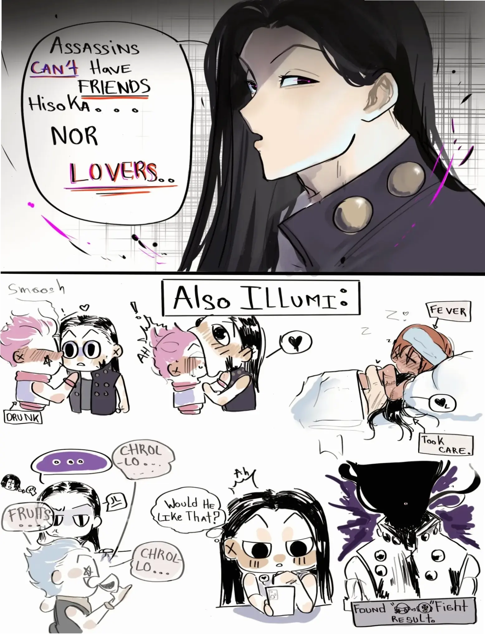Hisoka x Illumi comic: Các comic fanmade hài hước và lãng mạn về cặp đôi sát thủ này, rất thú vị.