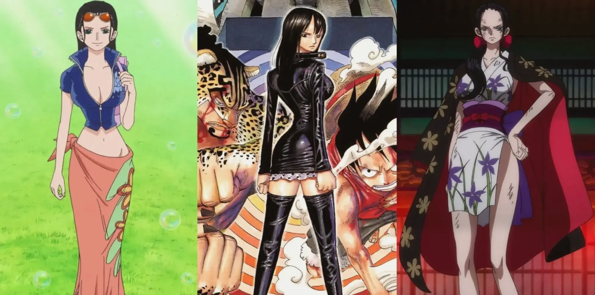 Outfit của Nico Robin trong One Piece luôn phong cách, từ váy dài thanh lịch đến trang phục chiến đấu mạnh mẽ.