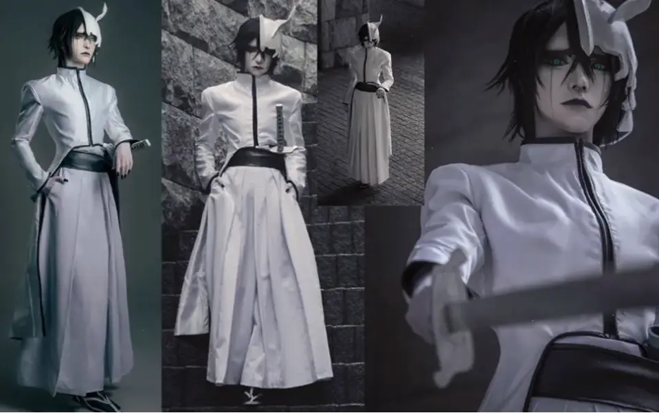 Outfit của Ulquiorra trong Bleach với áo choàng trắng và mặt nạ, biểu tượng cho sức mạnh Arrancar đầy ấn tượng.
