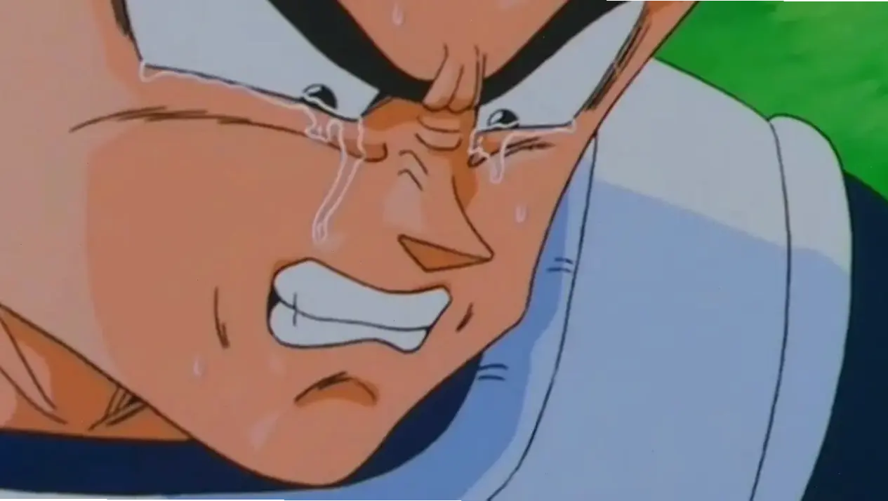 Vegeta crying với biểu hiện cảm xúc sâu sắc, làm nổi bật chiều sâu nhân vật trong Dragon Ball.