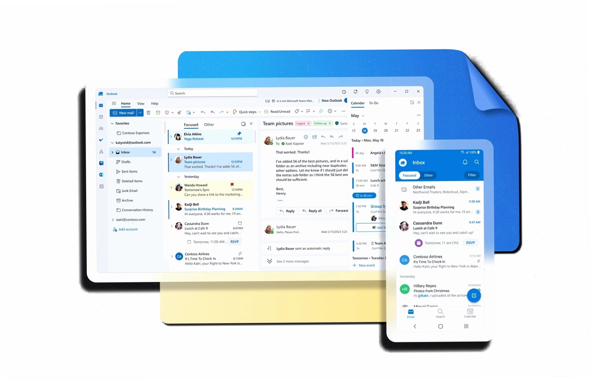 Ảnh chụp màn hình máy tính và thiết bị di động hiển thị hộp thư đến Outlook