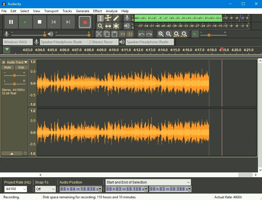 Audacity theme màu tối hiển thị dạng sóng âm thanh
