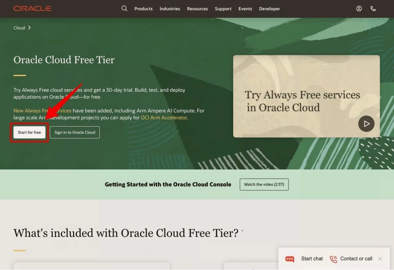 Bấm nút Start for free để bắt đầu đăng ký tài khoản Oracle Cloud