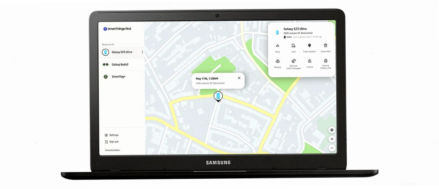 Bản đồ hiển thị vị trí thiết bị trên SmartThings Find