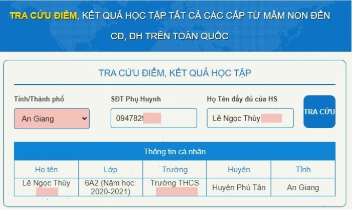 Bảng kết quả điểm thi hiển thị trên vnEdu