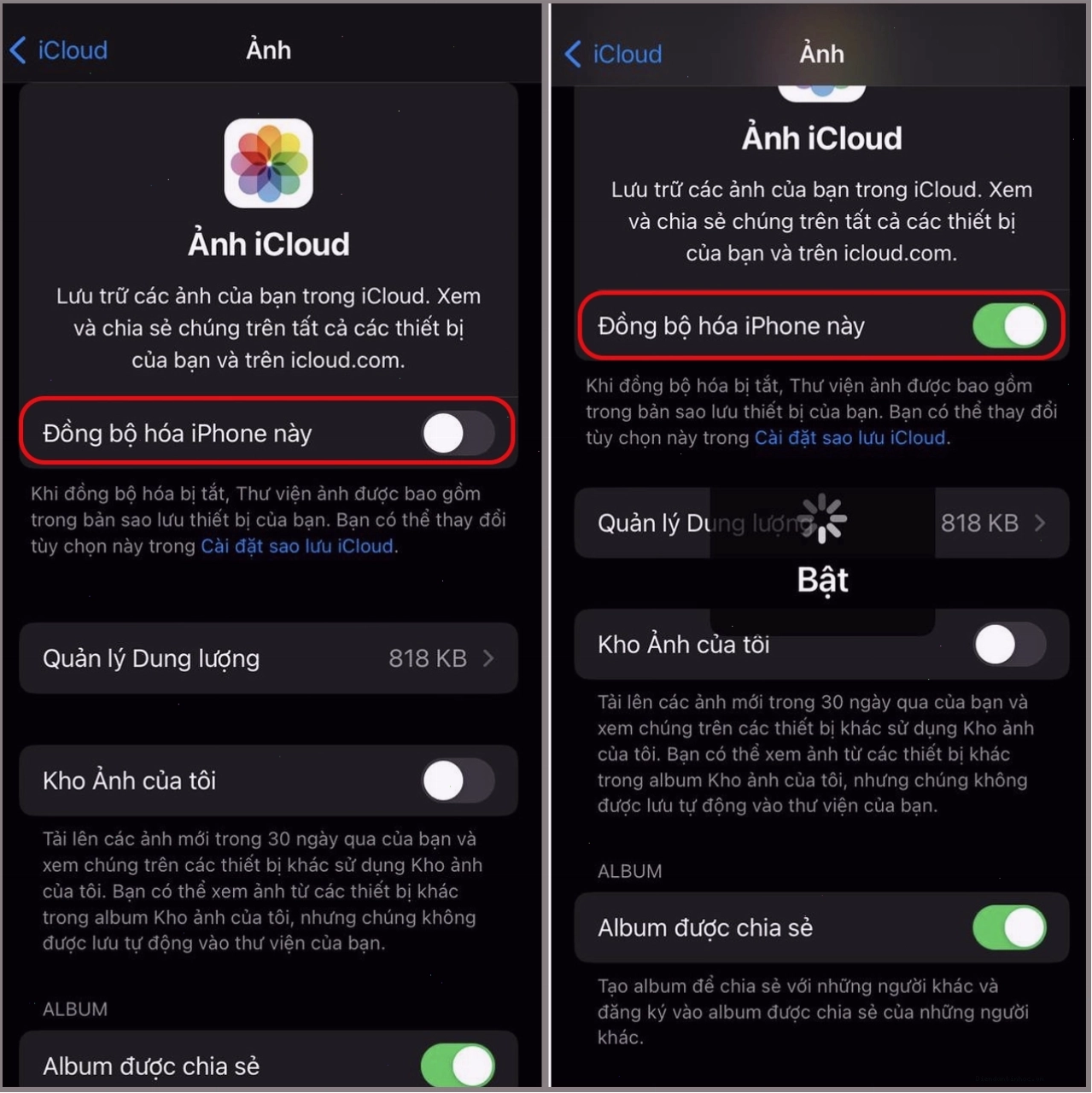 Bật công tắc Đồng bộ hoá iPhone này