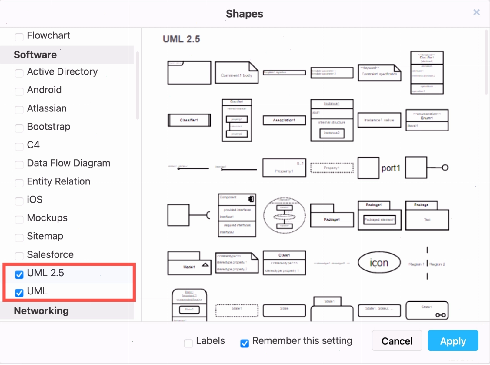 Bật thư viện hình dạng UML 2.5 trong draw.io