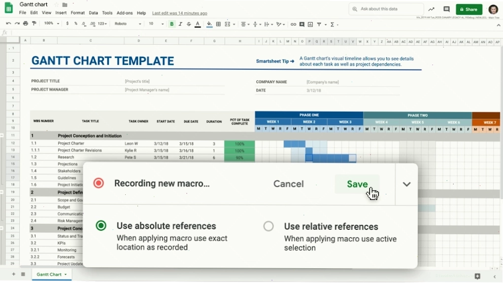 Biểu đồ Gantt trong Google Trang tính với tùy chọn ghi macro mới