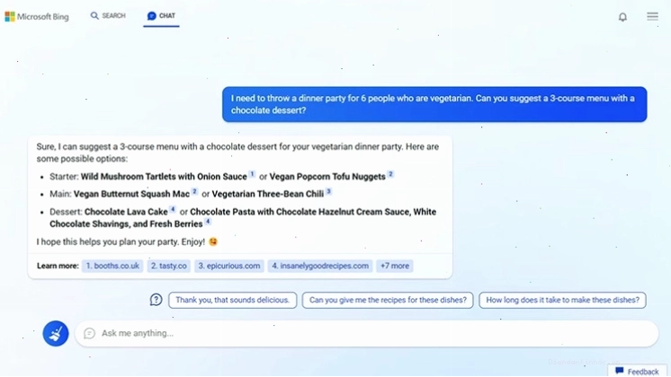 Bing Chat hỗ trợ tạo công thức món ăn nhanh chóng