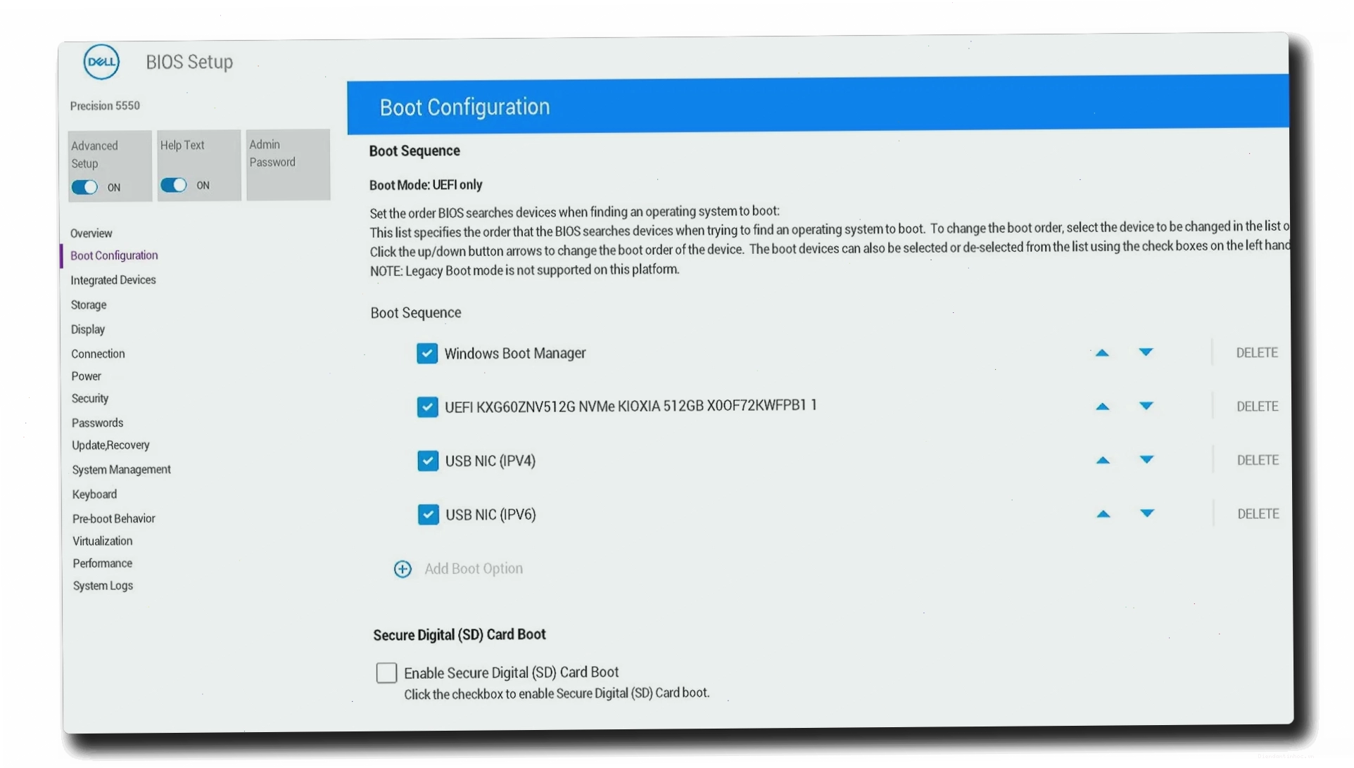 BIOS UEFI boot sequence on a Dell computer