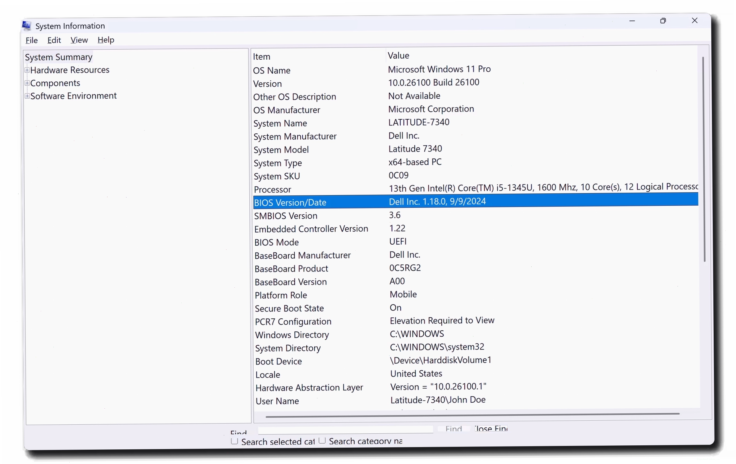 BIOS version displayed in Windows System Information