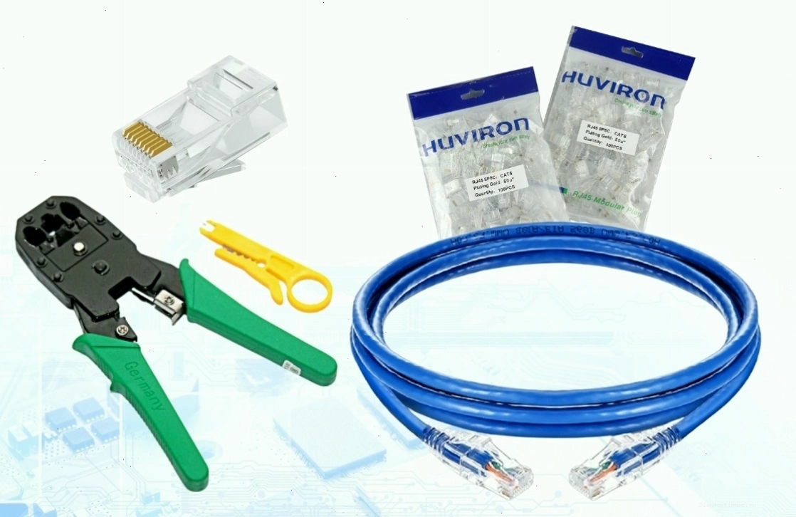 Các thiết bị cần thiết cho việc bấm dây mạng 8 sợi bao gồm dây cáp, hạt mạng, kìm bấm và máy test