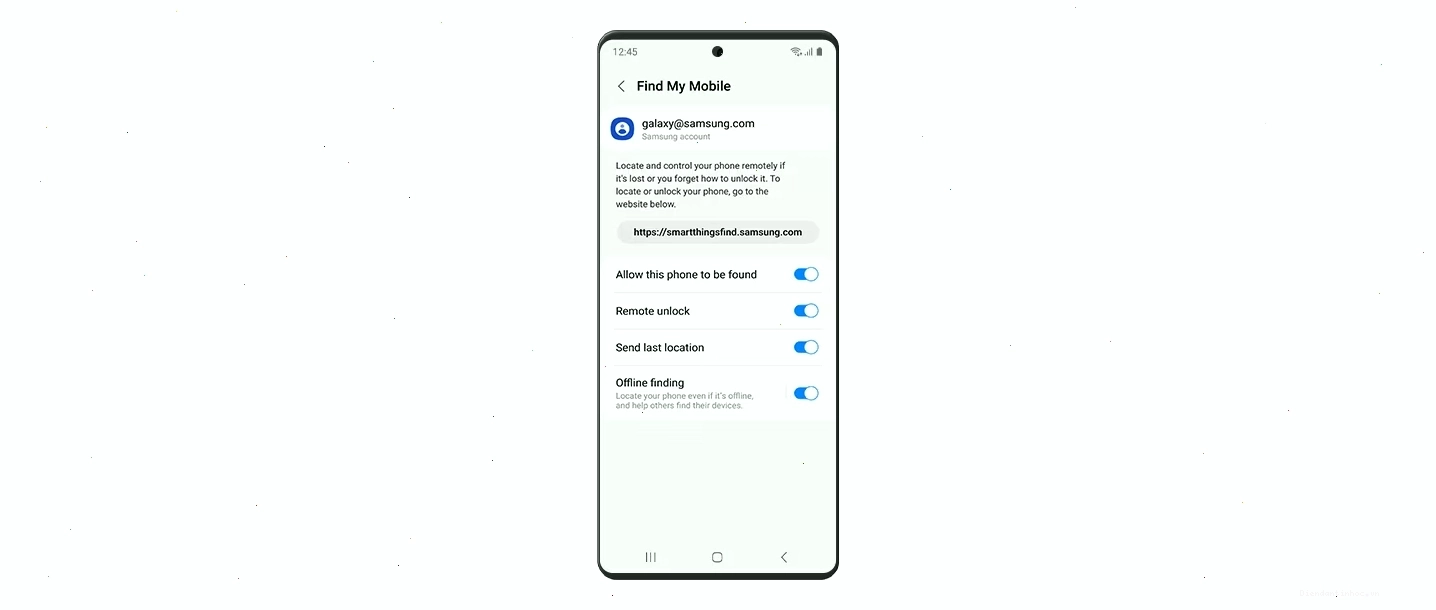 Các tùy chọn Find My Mobile được bật