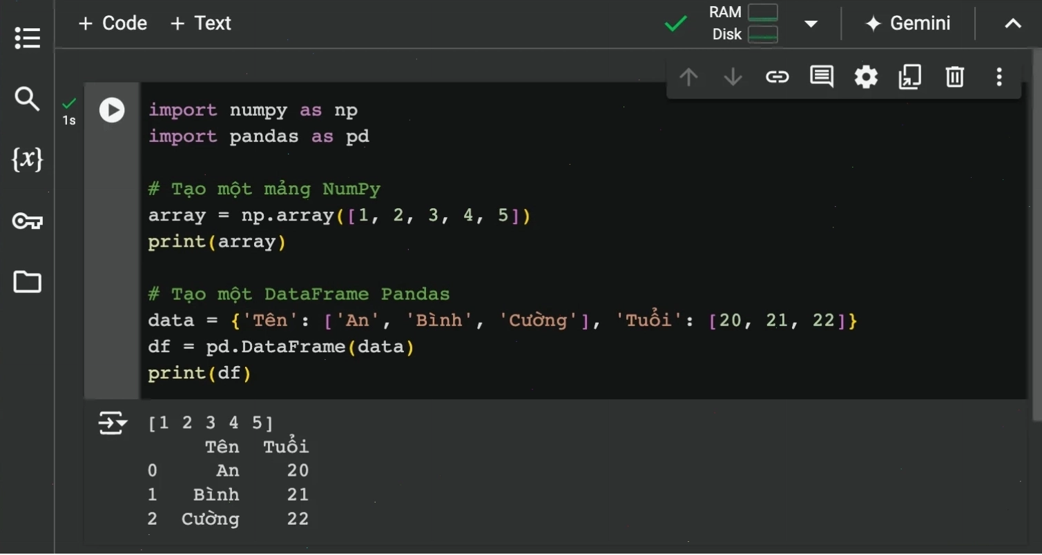 Cách chạy một ô code trong Google Colab và xem kết quả