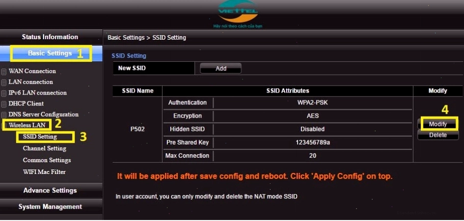 Cách đổi mật khẩu WiFi modem Viettel