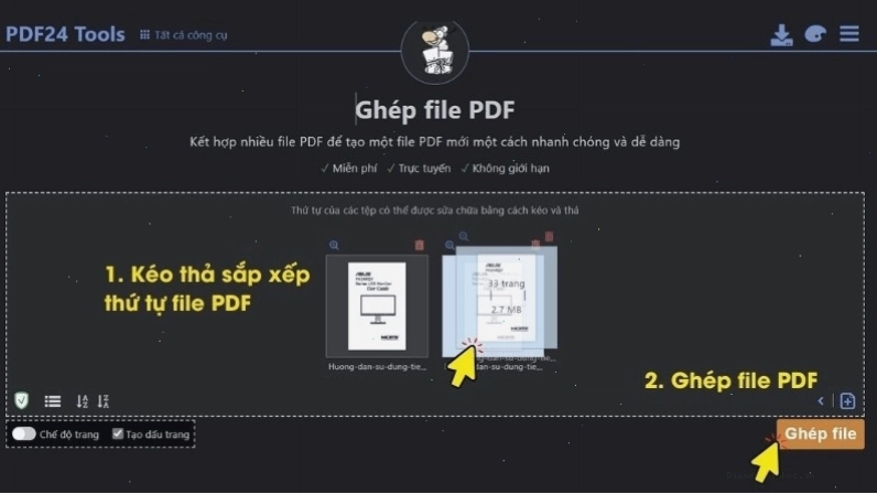 Cách ghép file pdf bằng PDF24 Tools bước 3: Sắp xếp thứ tự tệp