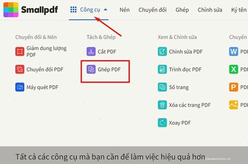 Cách ghép file pdf bằng smallpdf bước 1: Kéo và thả tệp