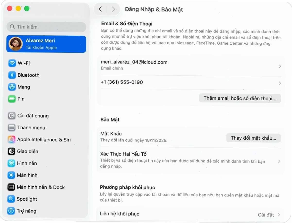 Cài đặt Đăng nhập & Bảo mật trên máy Mac hiển thị tùy chọn thay đổi mật khẩu Apple ID