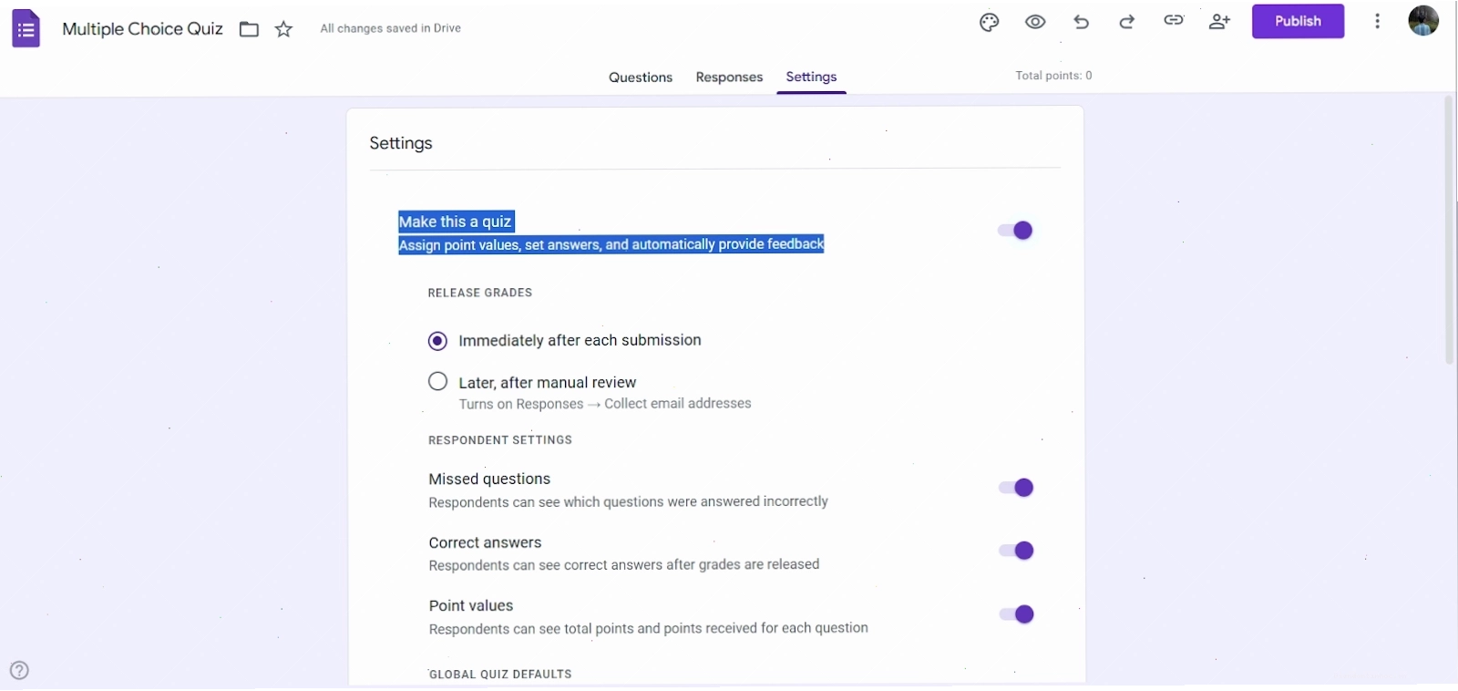 Cài đặt hiển thị điểm số và đáp án trong Google Forms