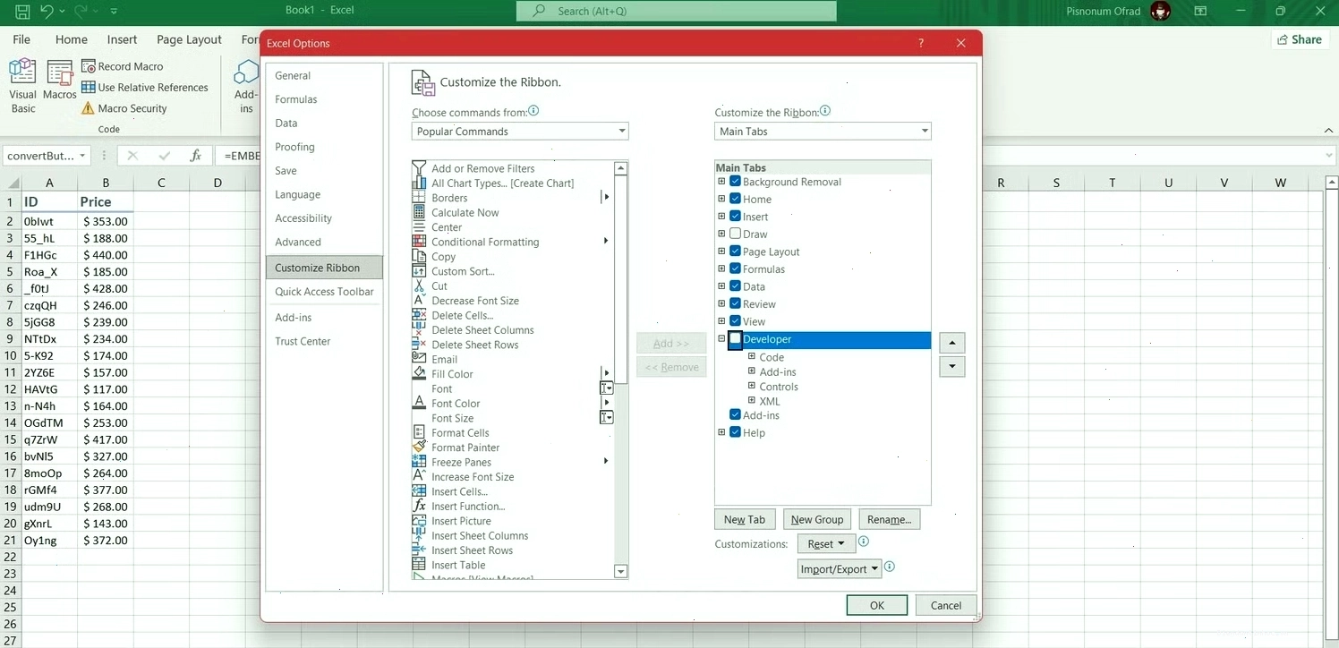 Cài đặt hiển thị tab Developer trong Excel thông qua tùy chọn Ribbon