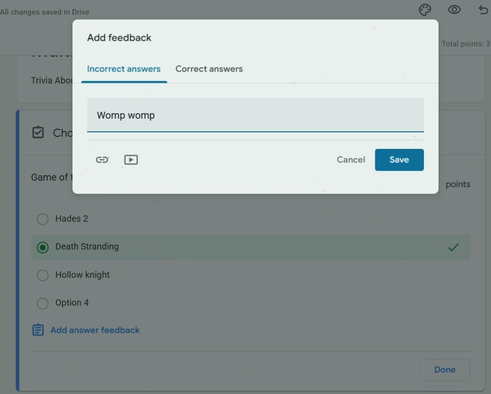 Cài đặt phản hồi cho câu trả lời đúng và sai trong Google Forms