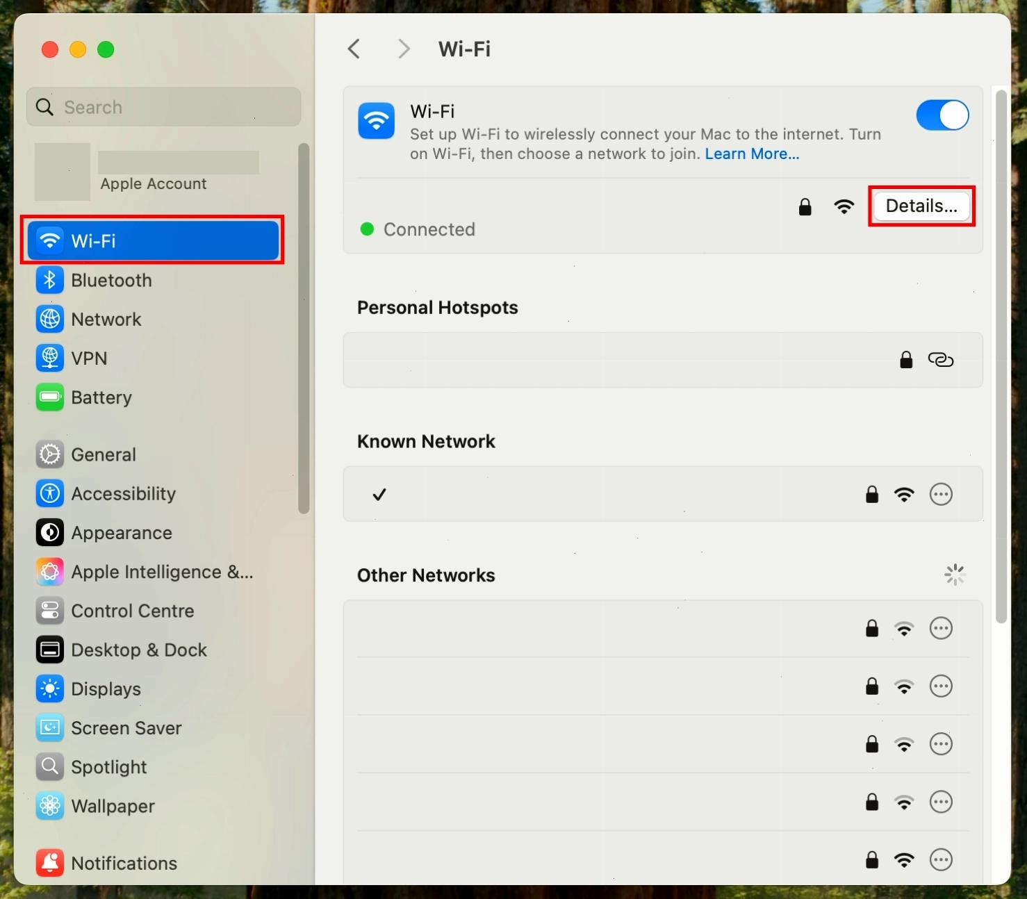 Cài đặt Wi-Fi trên MacOS hiển thị nút Details