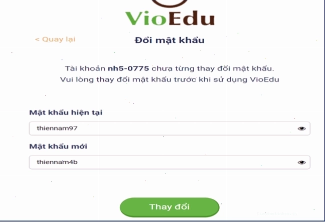 Cập nhật mật khẩu mới cho tài khoản VioEdu