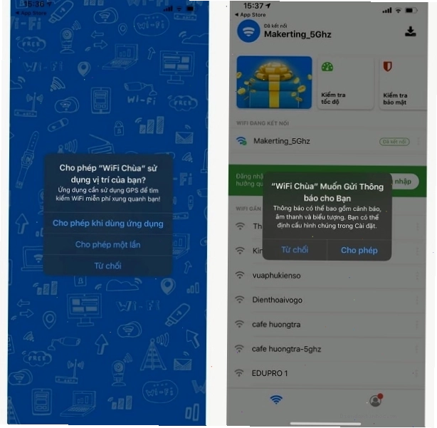 Cấp quyền truy cập vị trí cho ứng dụng Wifi Chùa trên iPhone