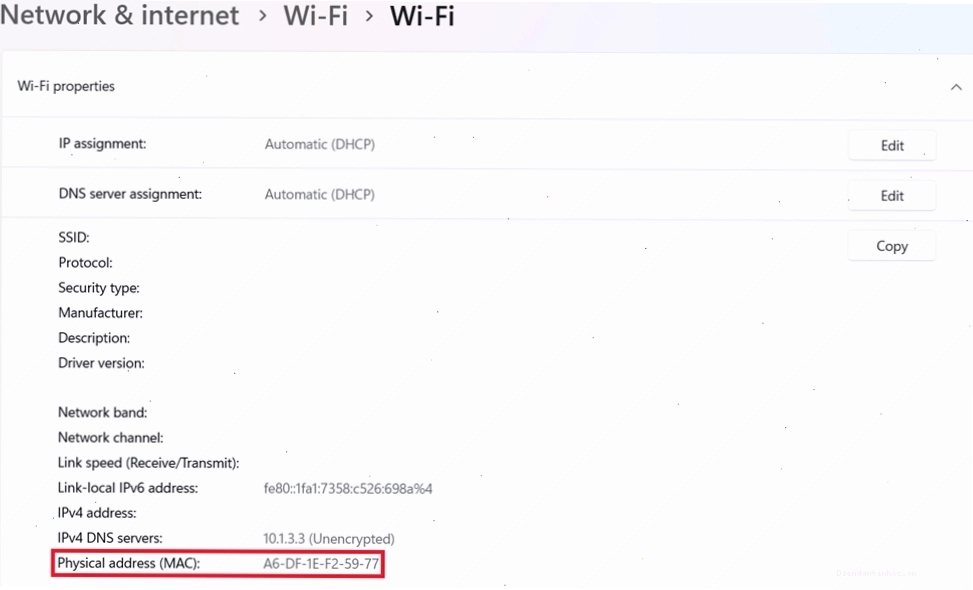 Cấu trúc điển hình của một địa chỉ MAC gồm 6 cặp ký tự thập lục phân