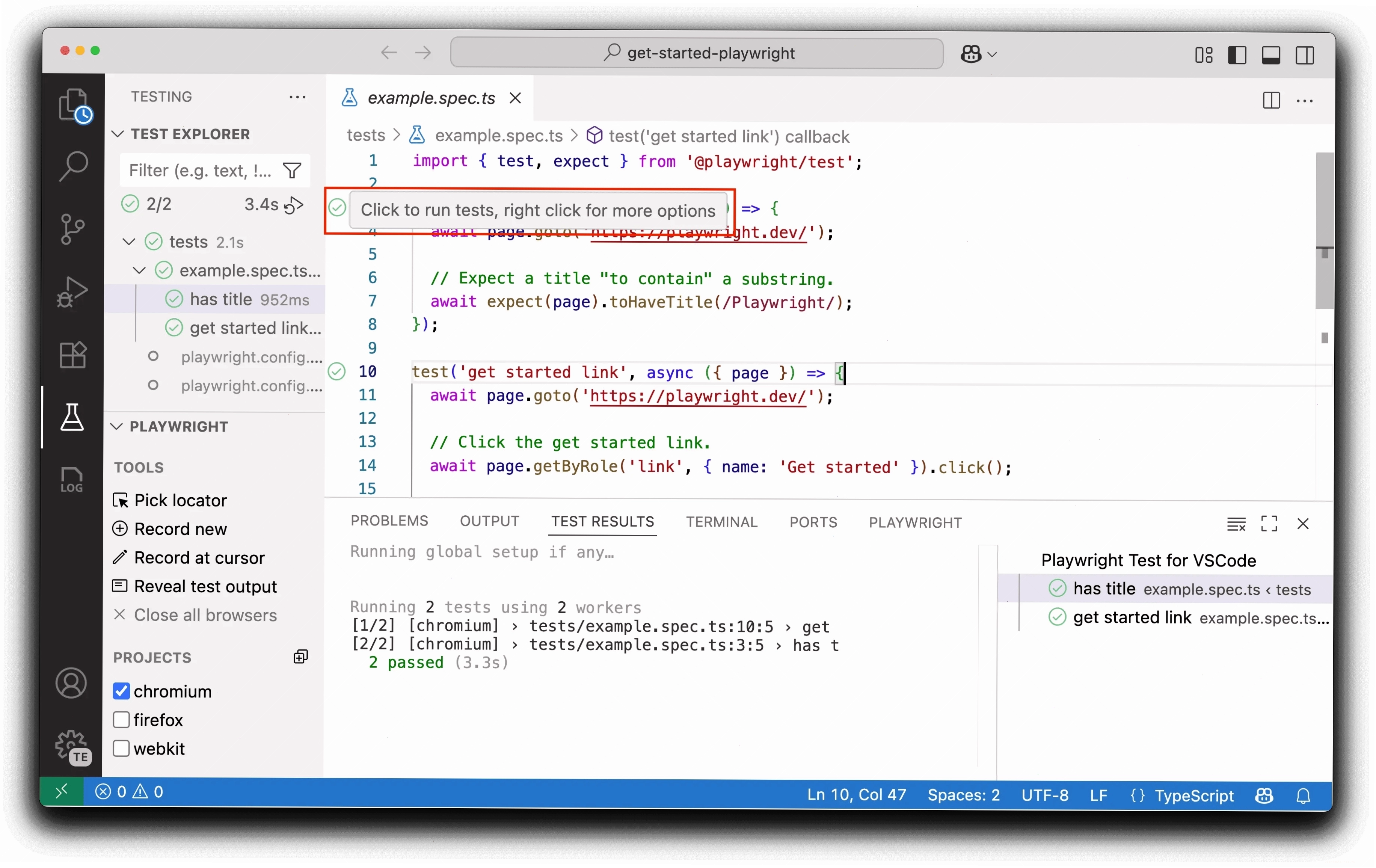 Chạy một bài kiểm thử đơn lẻ từ Testing Sidebar