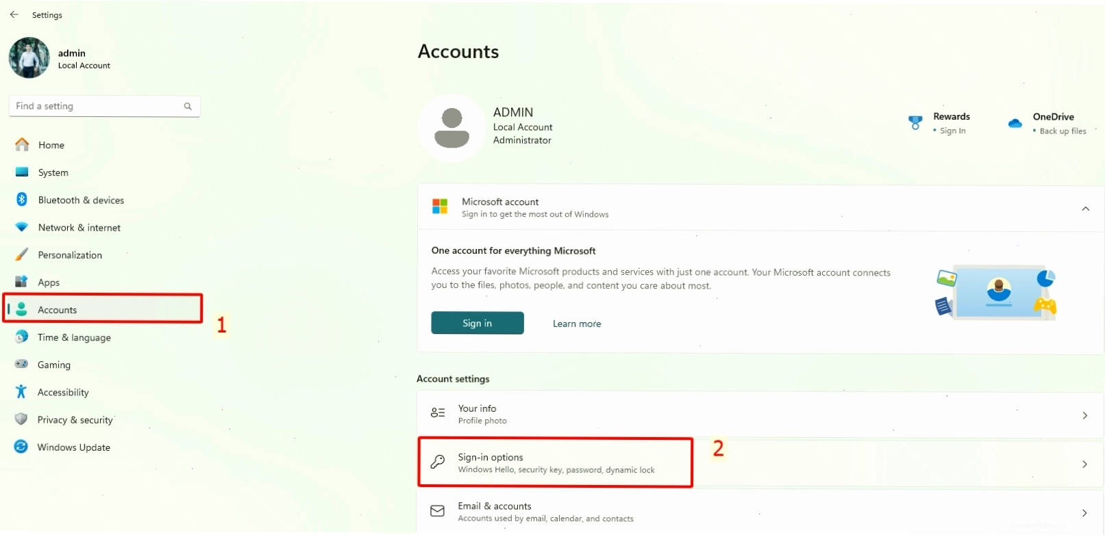 Chọn Accounts và Sign-in options trong Settings