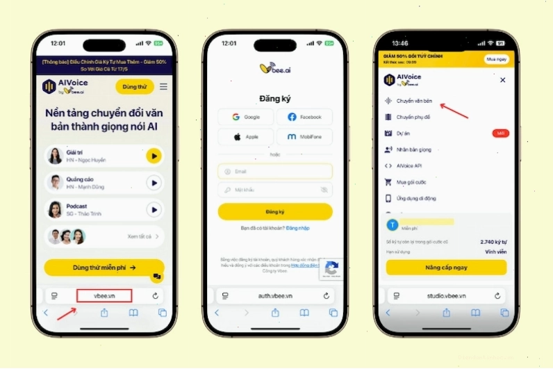 Chọn chức năng Chuyển văn bản trên Vbee AI để bắt đầu tạo giọng nói
