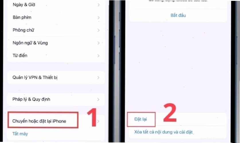 Chọn Chuyển hoặc đặt lại iPhone rồi chọn tiếp Đặt lại