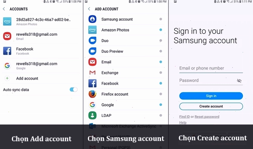 Chọn "Create account" để tạo tài khoản Samsung mới