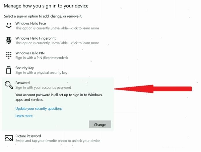 Chọn mục Password để thay đổi