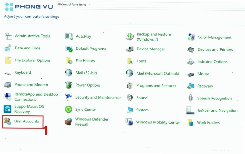 Chọn mục User Accounts